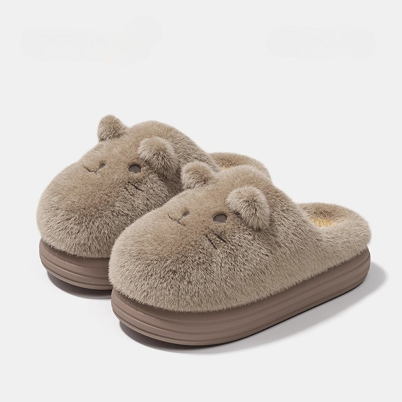 Whimsical Feline Face Plush Slippers