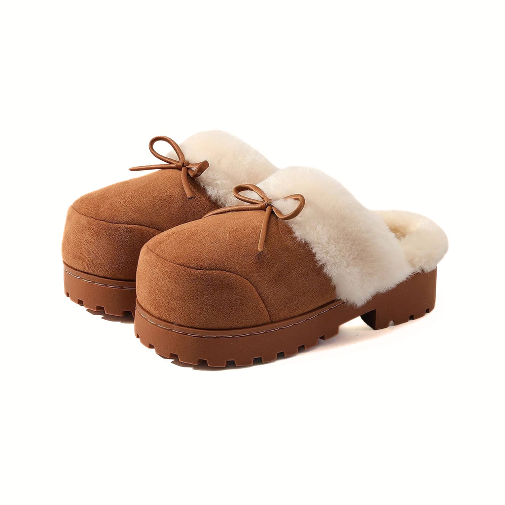 Chunky Bow Platform Furry Slippers