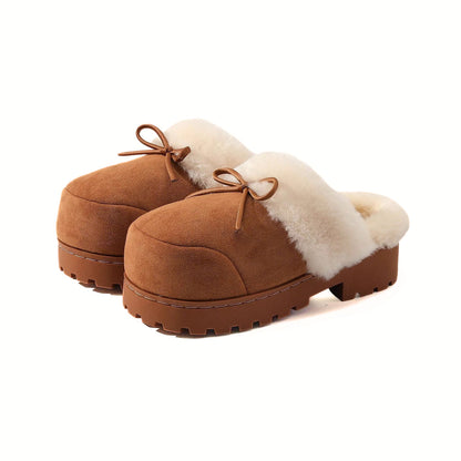 Chunky Bow Platform Furry Slippers