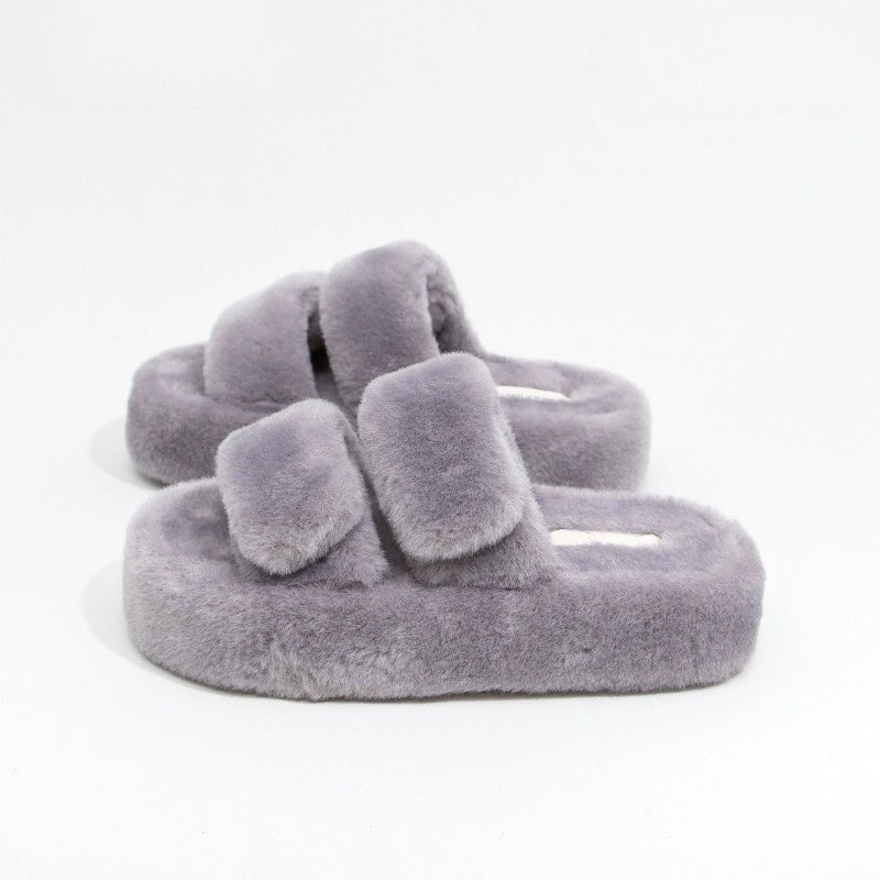 Plush Double-Strap Platform Slippers