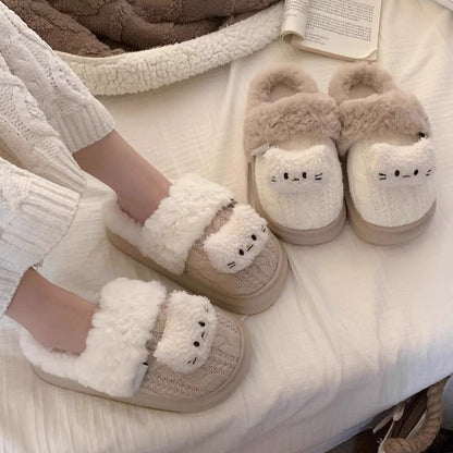 Cable Knit Cat Face Slippers