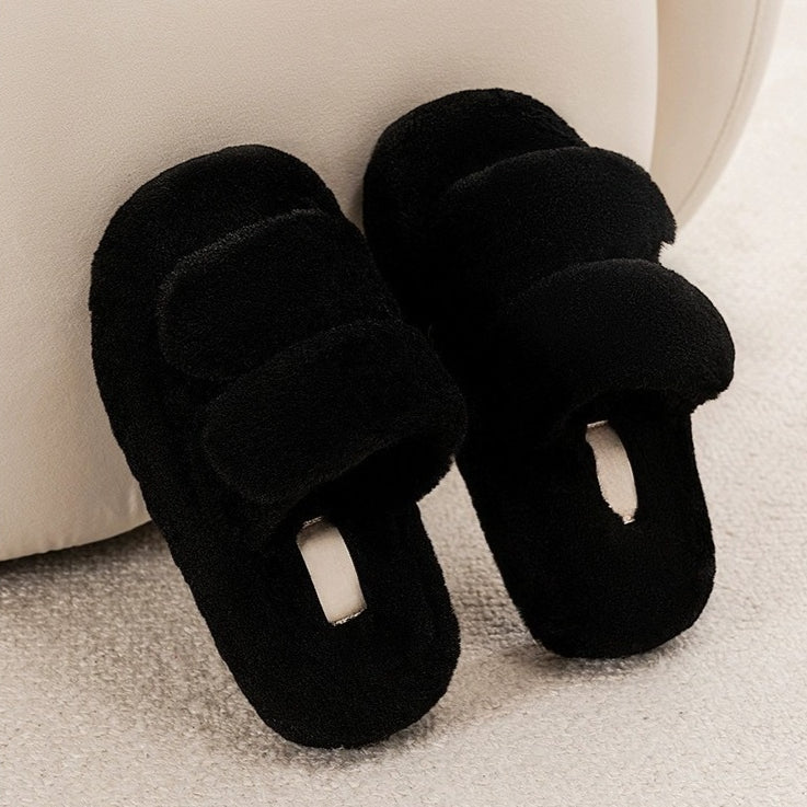 Plush Double-Strap Platform Slippers
