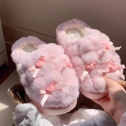 Heart Bow Cloud Plush Slippers