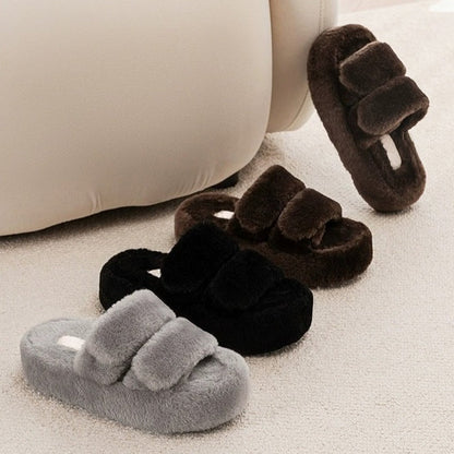 Plush Double-Strap Platform Slippers