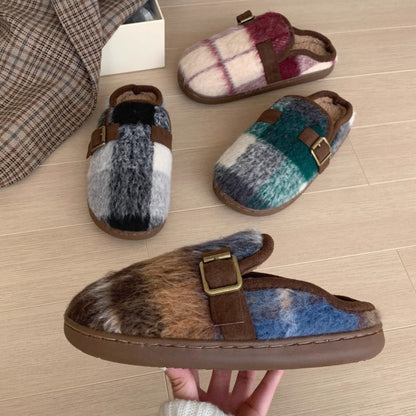 Fuzzy Plaid Buckle Clogs