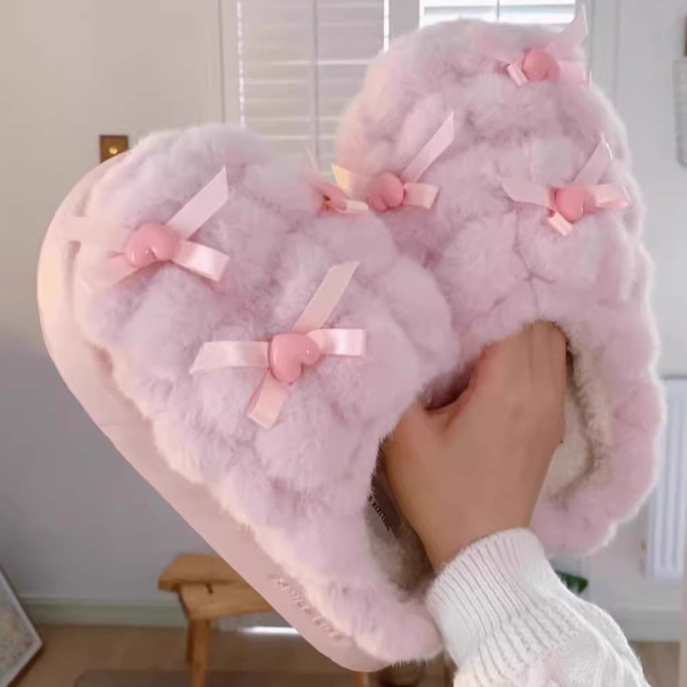 Heart Bow Cloud Plush Slippers