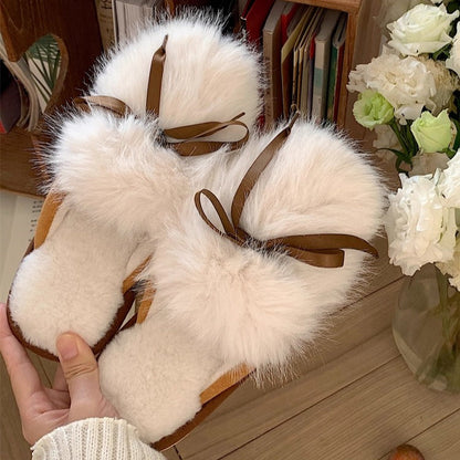 Ribbon Bow Fluffy House Slippers