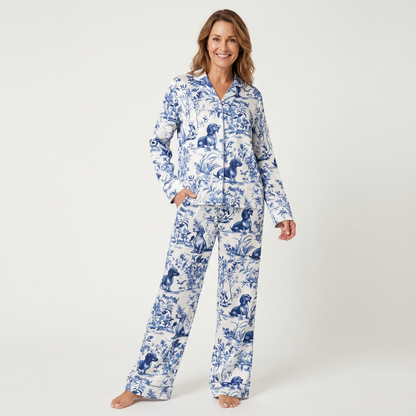 Blue Toile Dachshund Women's Pajama Set