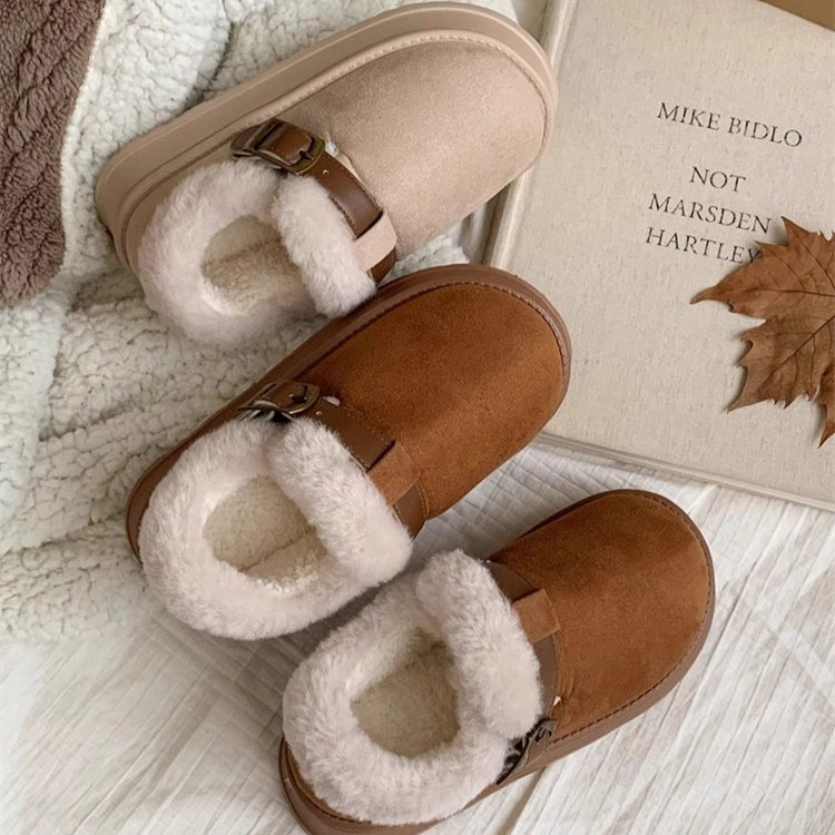 Buckle Strap Plush Clog Slippers