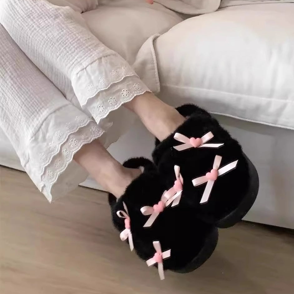 Heart Bow Cloud Plush Slippers