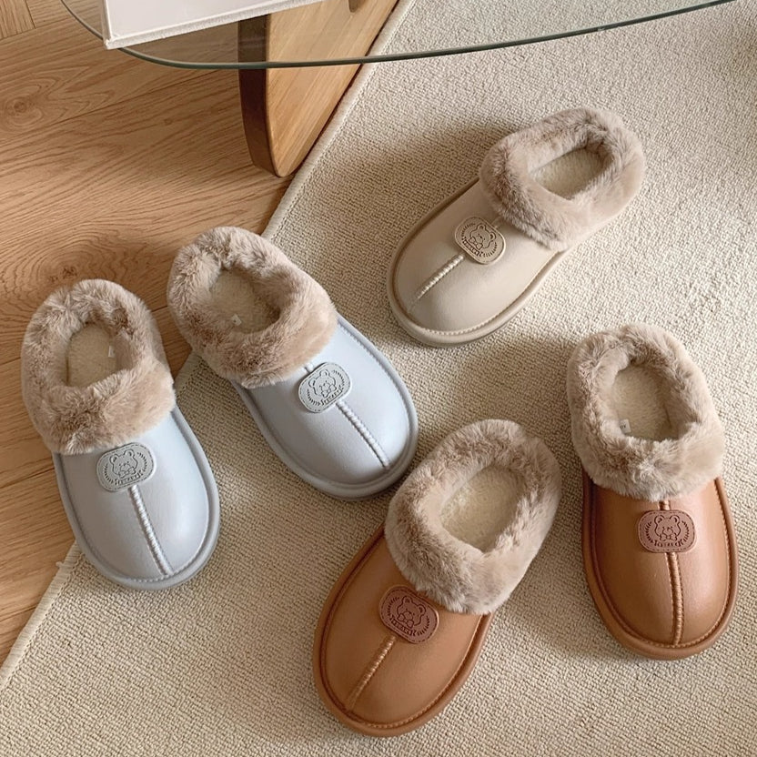Fuzzy Collar Bear Patch slippers