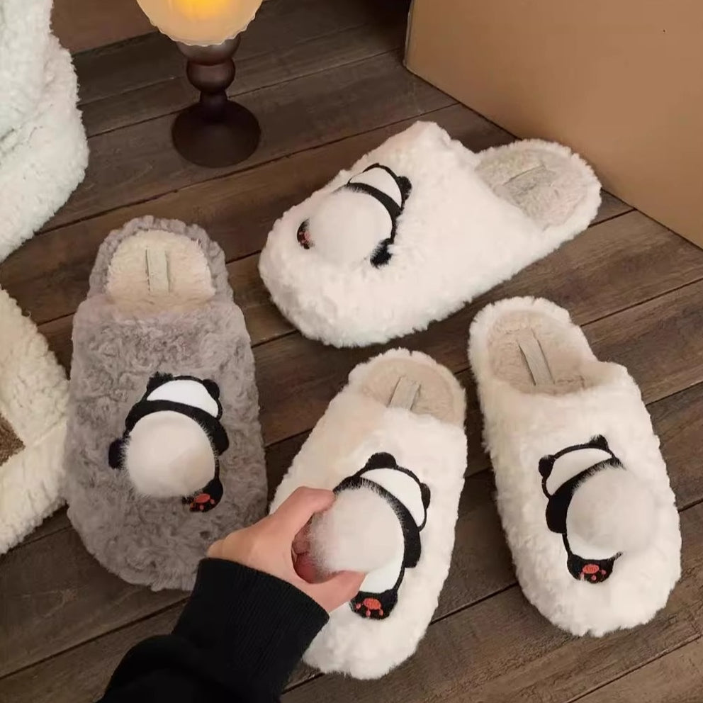 Panda Pom-Pom Fuzzy Slippers