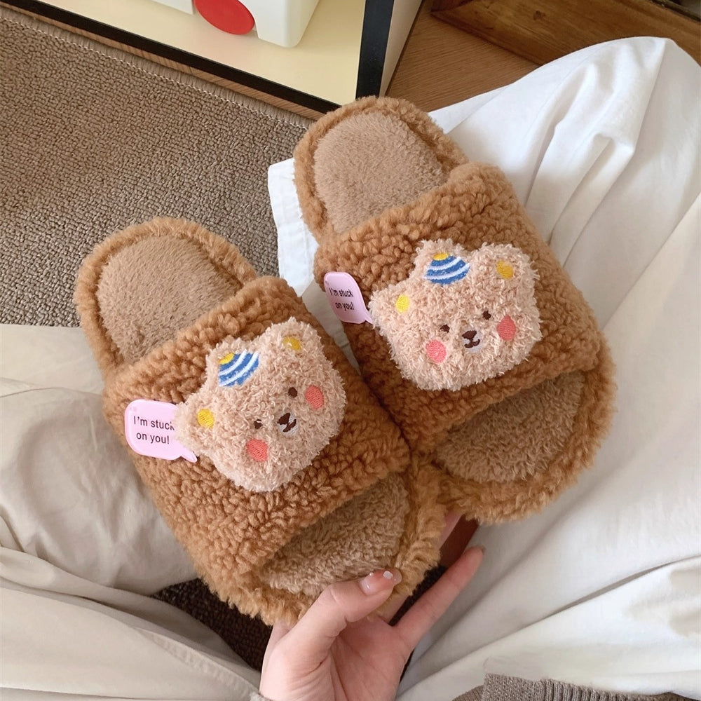Fuzzy Bear Patch Home Slippers
