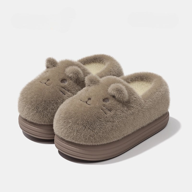 Whimsical Feline Face Plush Slippers