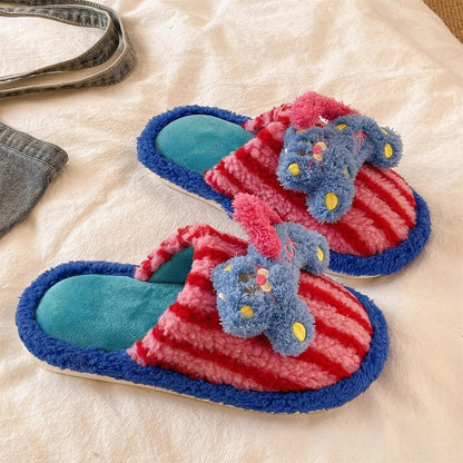 Striped Plush Animal Scuff Slippers
