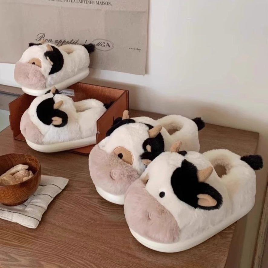 Fuzzy Farm Cow Plush Slippers