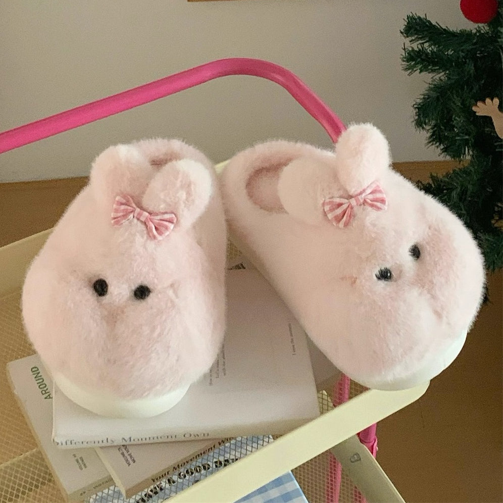 Chubby Bunny Bow Plush Slippers