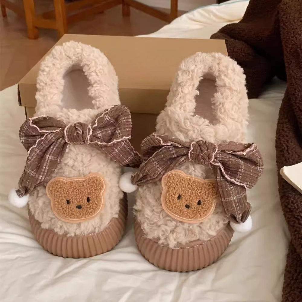 Teddy Bow Sherpa House Slippers