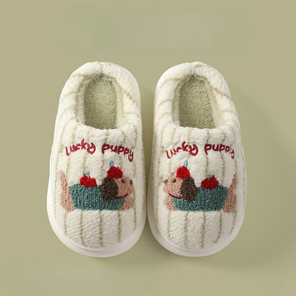 Embroidered Striped Puppy Plush Slippers