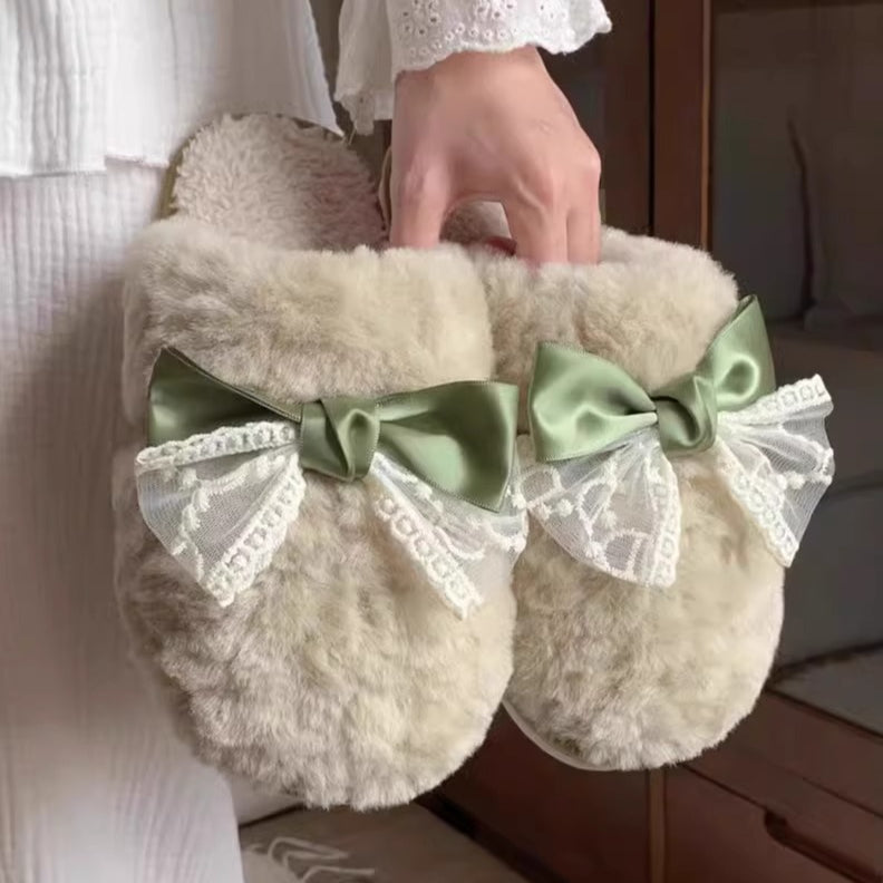 Sheer Lace Bow Plush Slippers