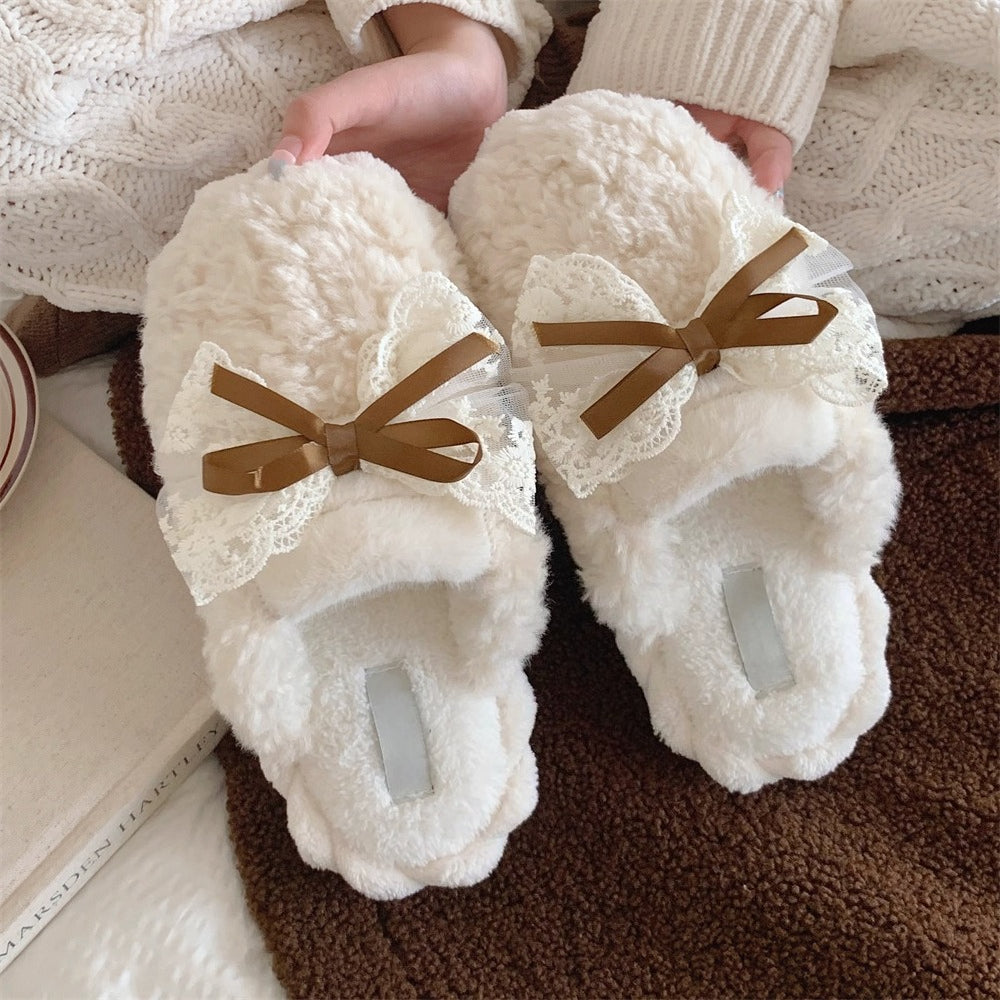 Lace Bow Plush House Slippers