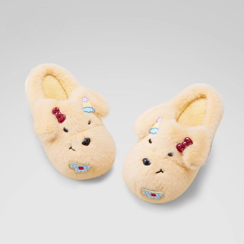 Fuzzy Puppy Face Bow Slippers