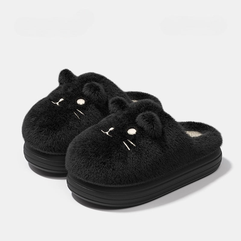 Whimsical Feline Face Plush Slippers
