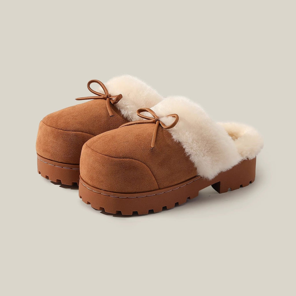 Chunky Bow Platform Furry Slippers