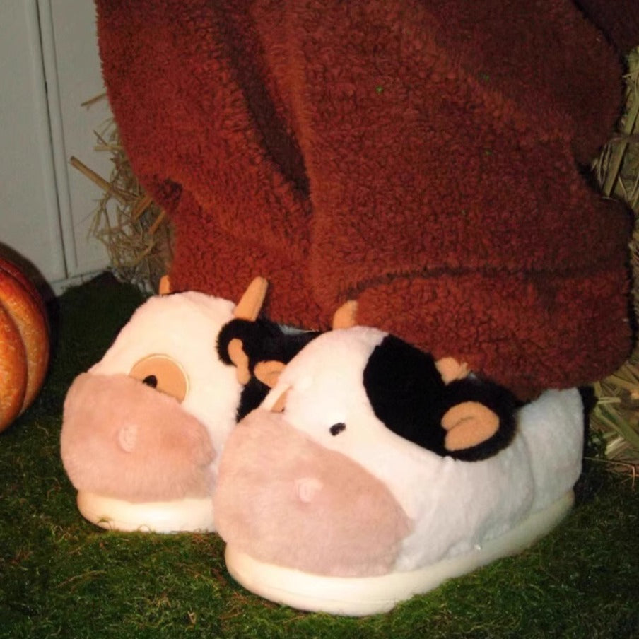 Fuzzy Farm Cow Plush Slippers