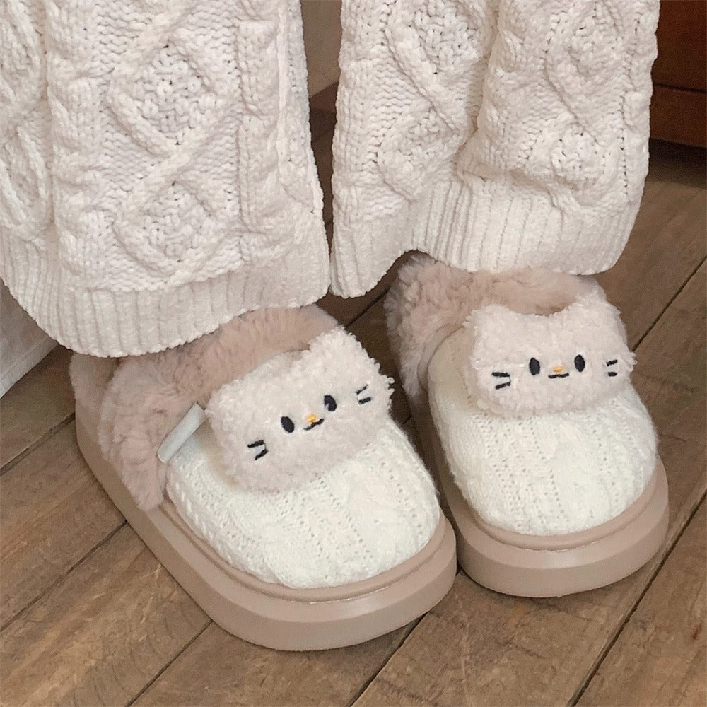 Cable Knit Cat Face Slippers