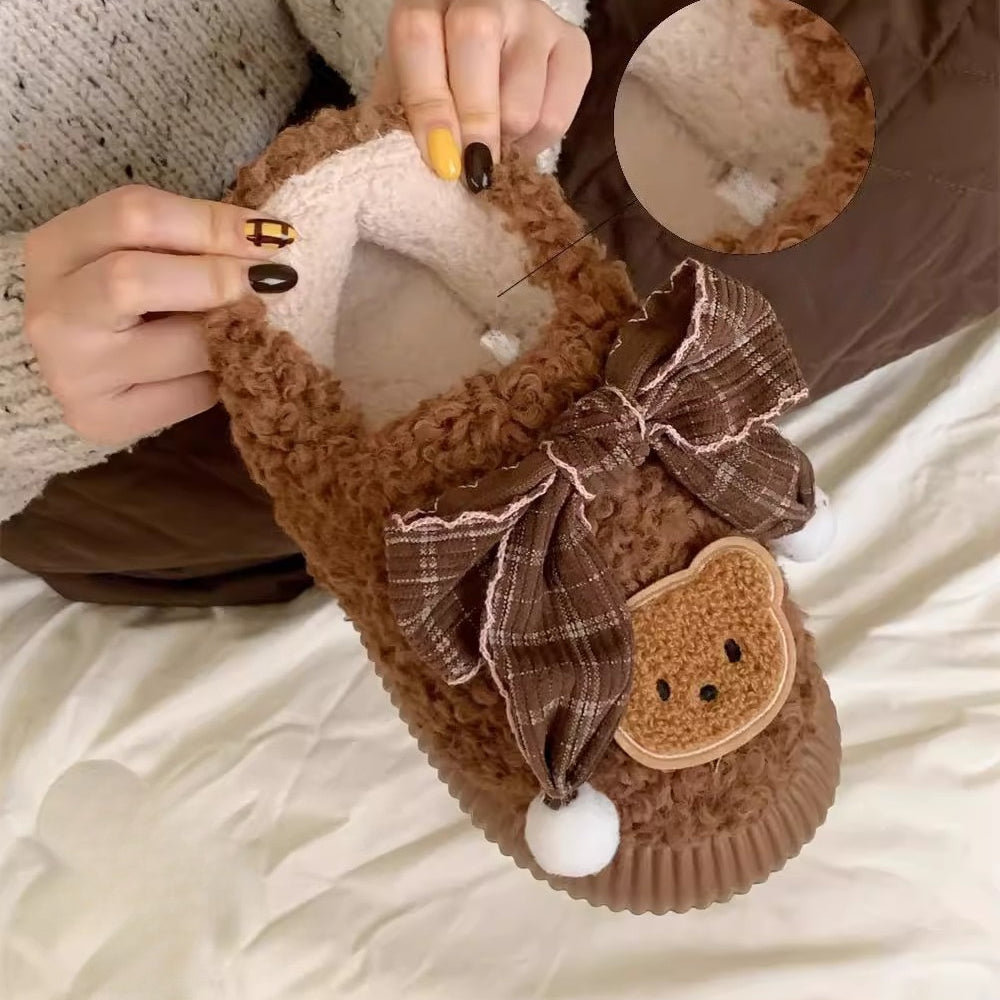 Teddy Bow Sherpa House Slippers