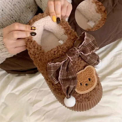 Teddy Bow Sherpa House Slippers