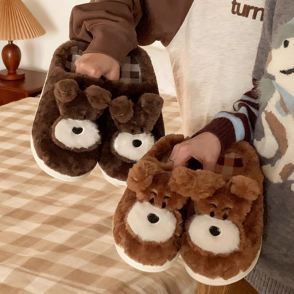 Patch Nose Fuzzy Puppy Face Plush Slippers