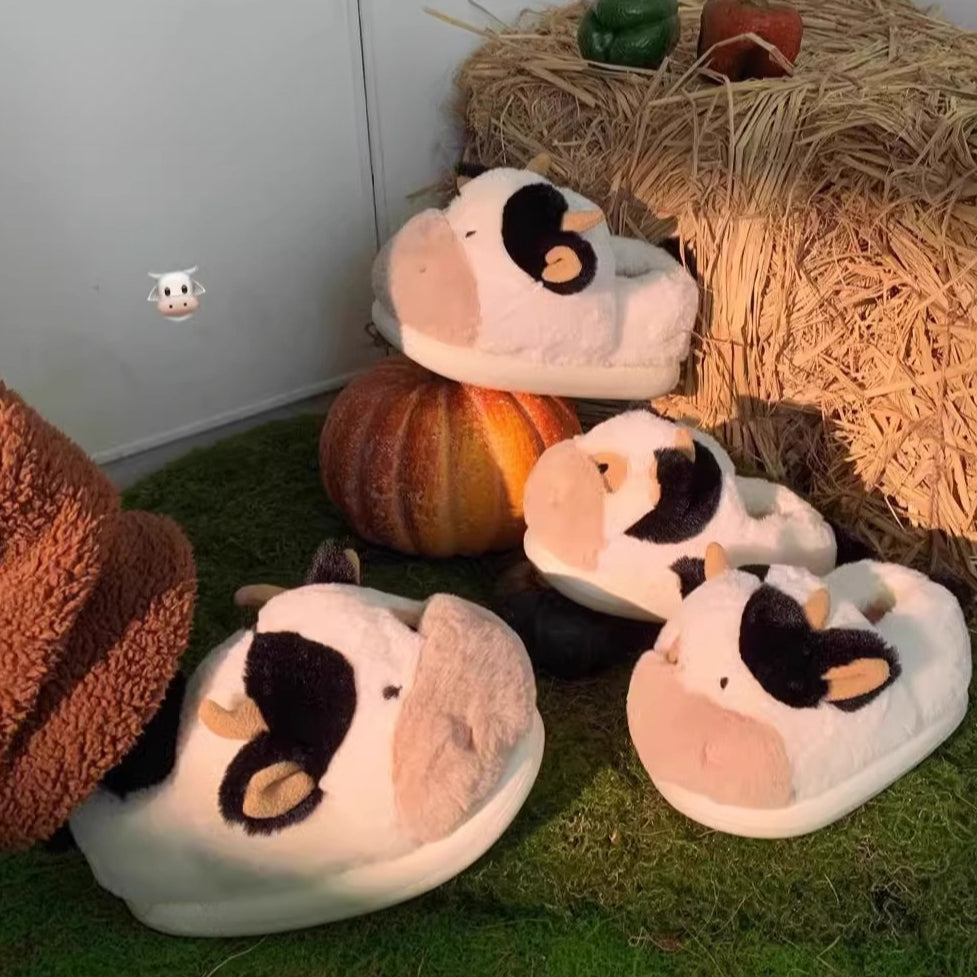 Fuzzy Farm Cow Plush Slippers