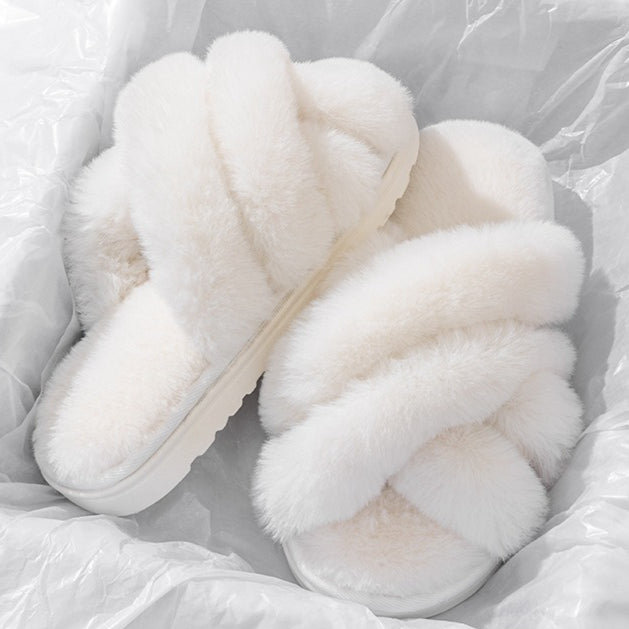 Plush Crisscross Open-Toe Slippers