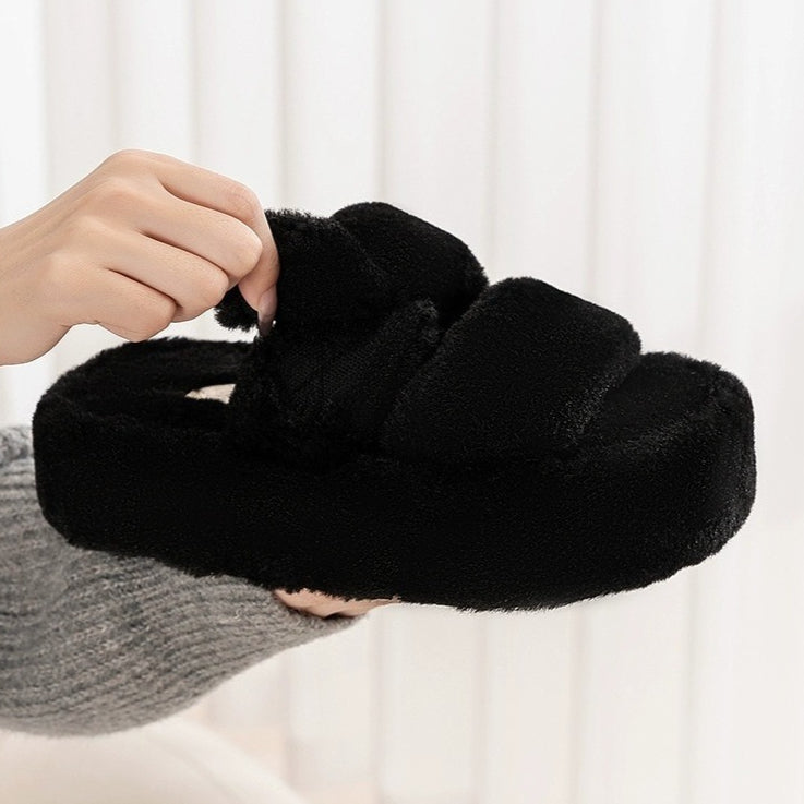 Plush Double-Strap Platform Slippers