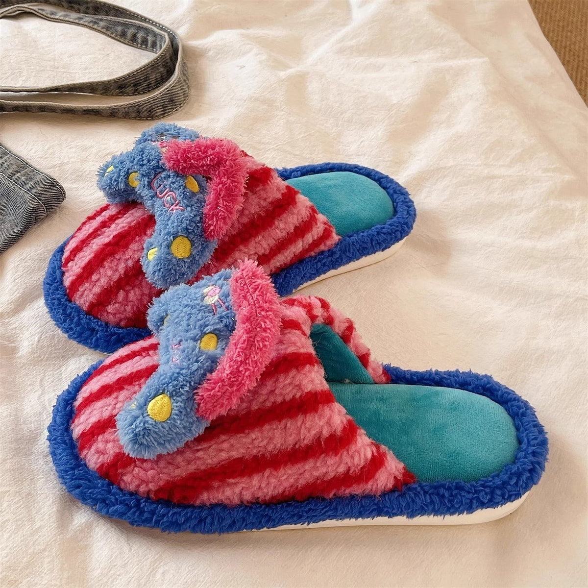 Striped Plush Animal Scuff Slippers