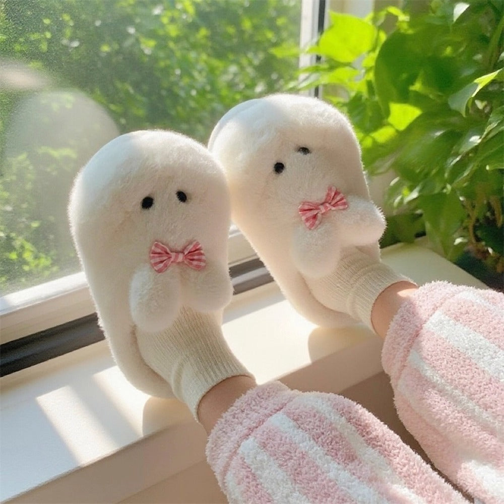 Chubby Bunny Bow Plush Slippers