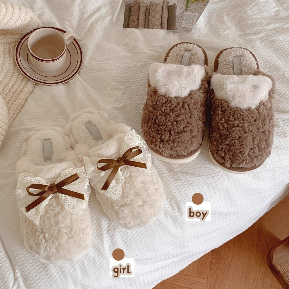 Lace Bow Plush House Slippers