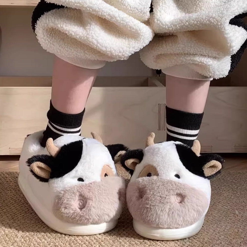 Fuzzy Farm Cow Plush Slippers