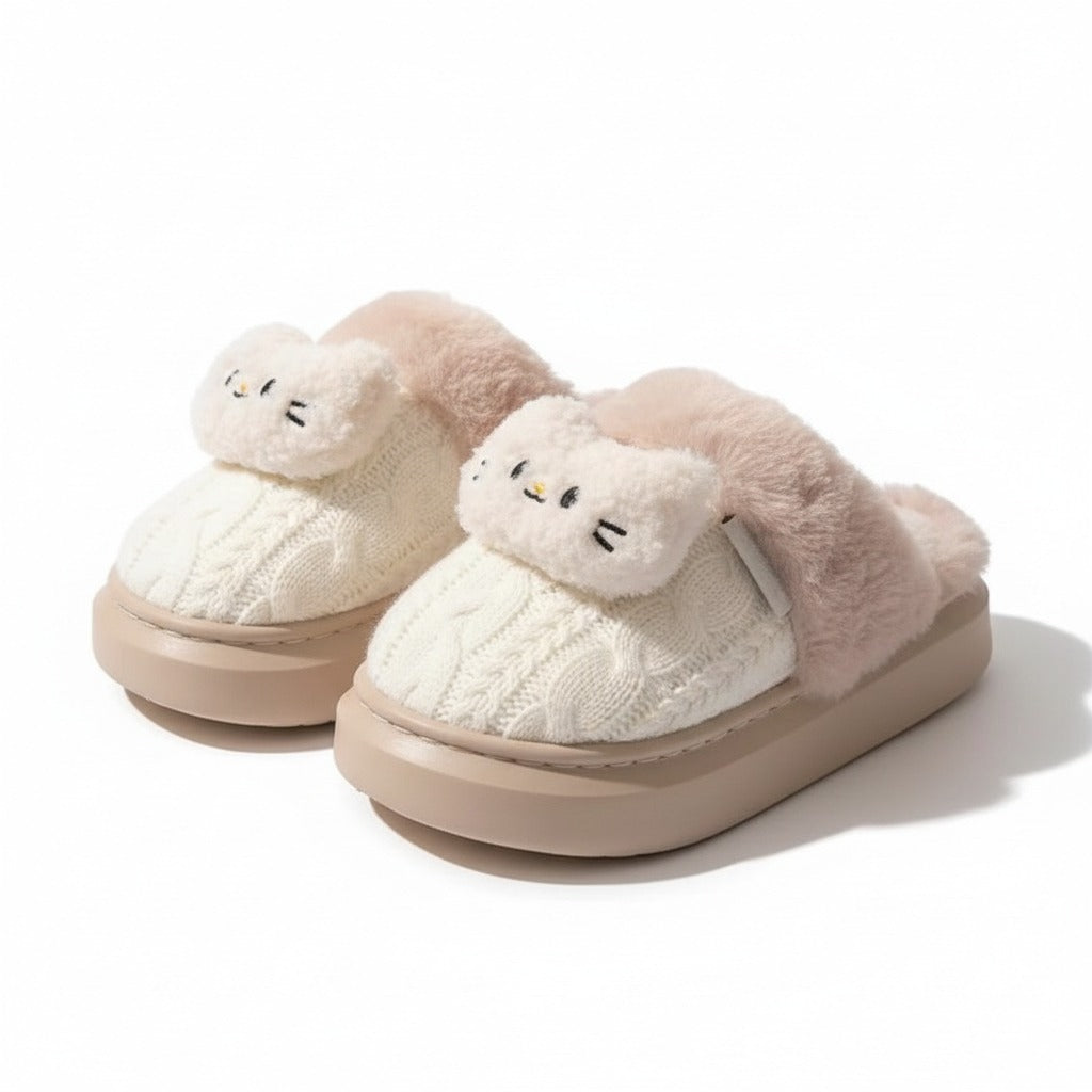 Cable Knit Cat Face Slippers