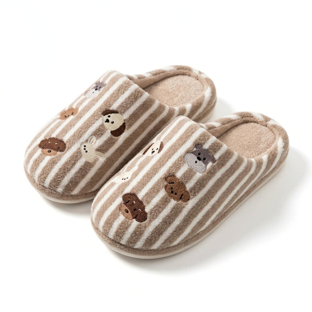Striped Puppy Embroidered House Slippers