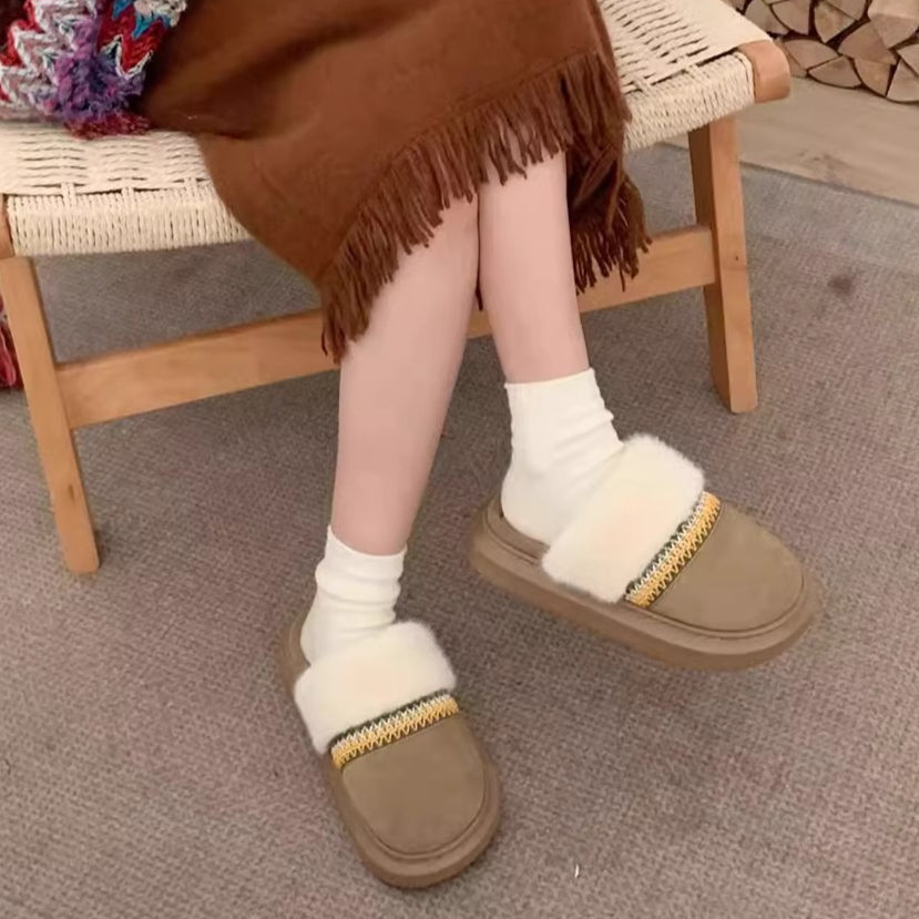 Woven Trim Fuzzy Band Slippers