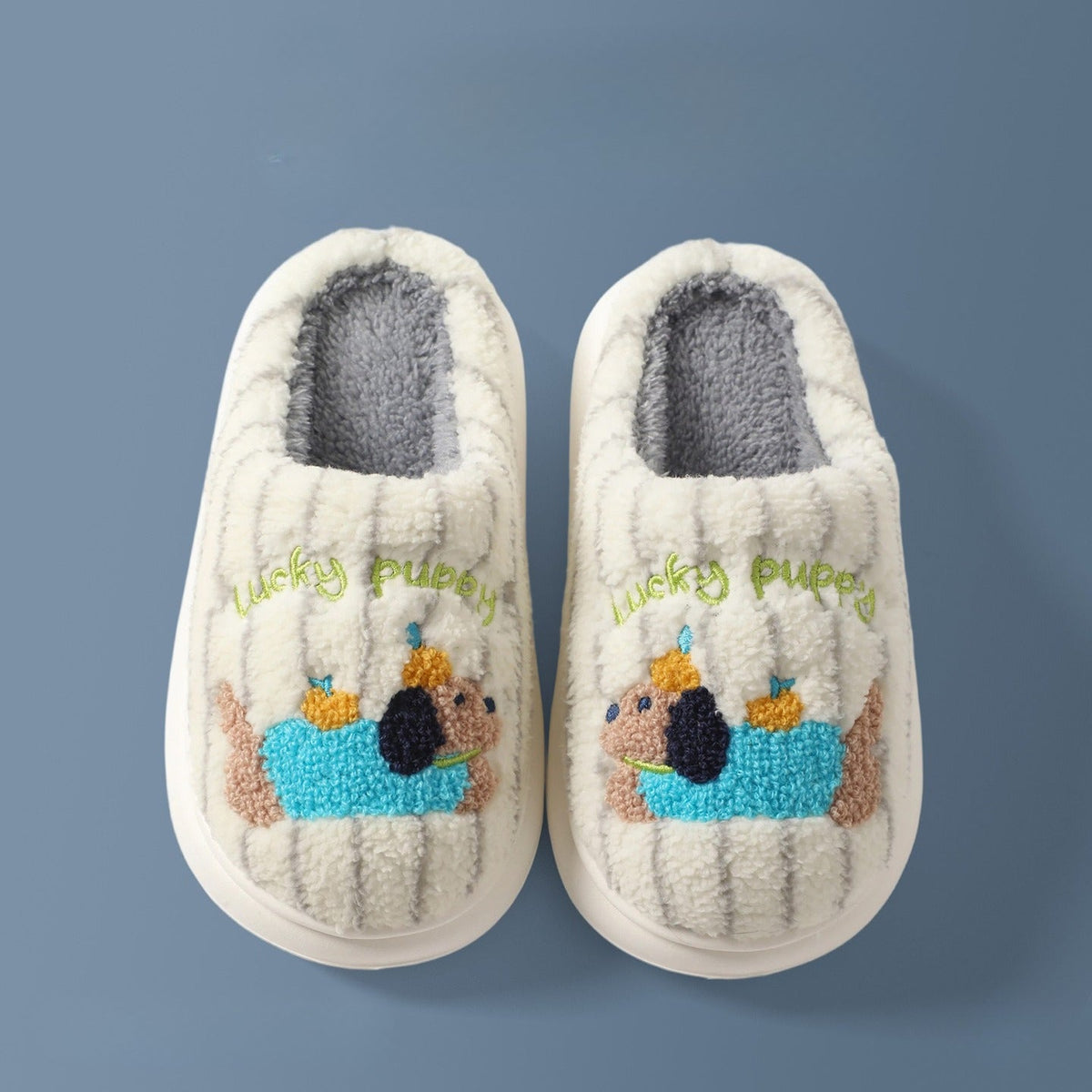 Embroidered Striped Puppy Plush Slippers