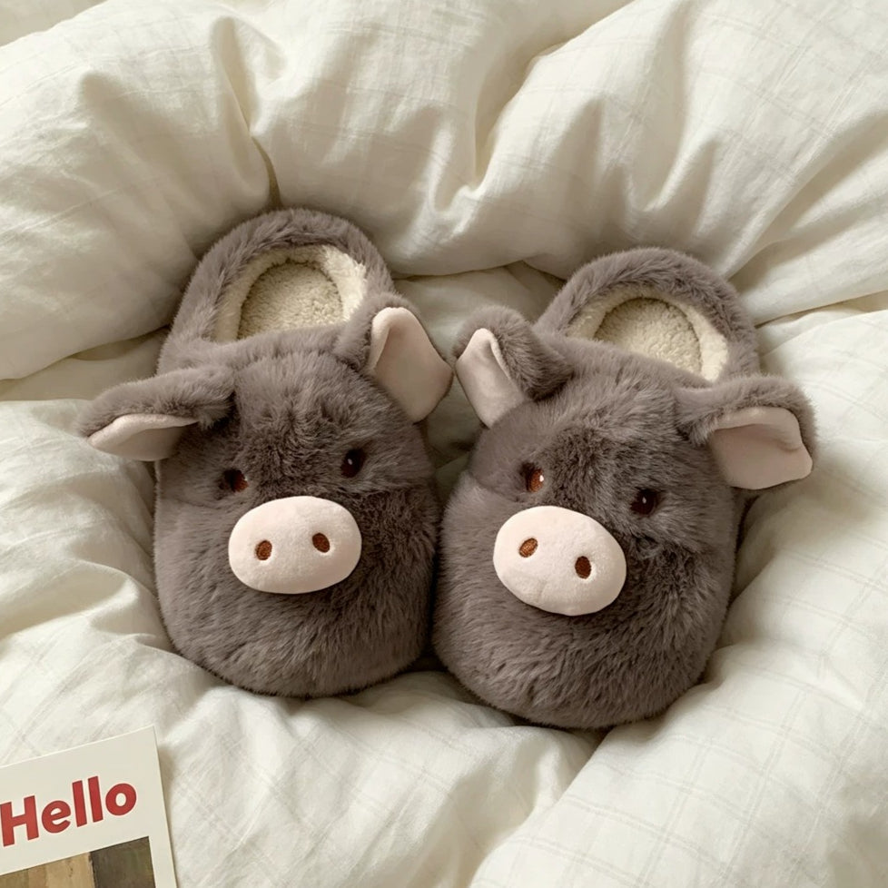 Fuzzy Pig Character House Slippers