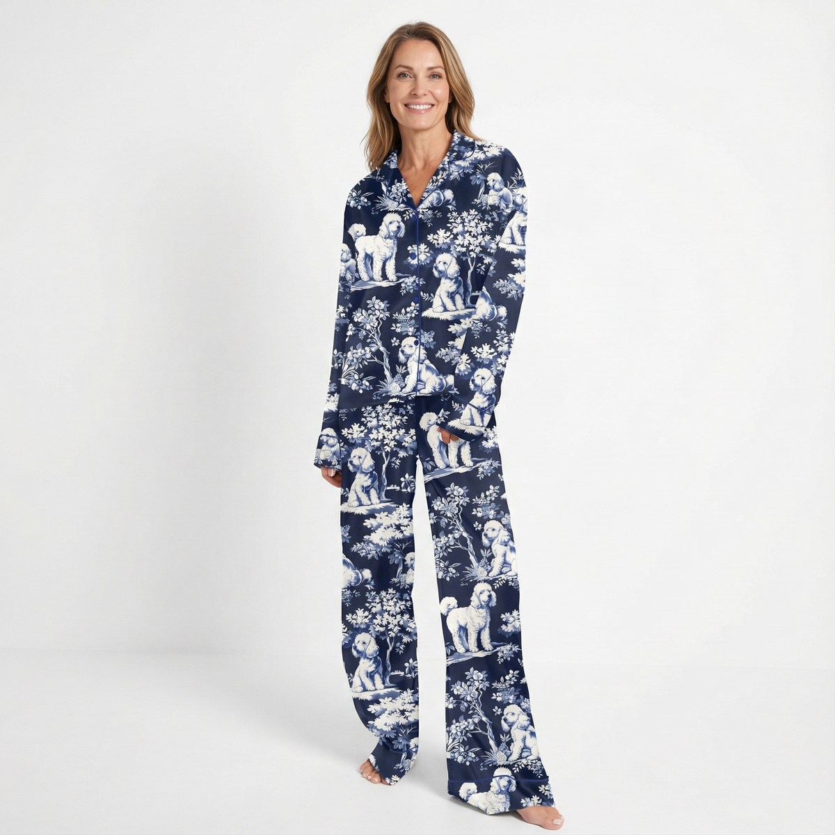 Blue Toile Poodle Women's Pajama Set