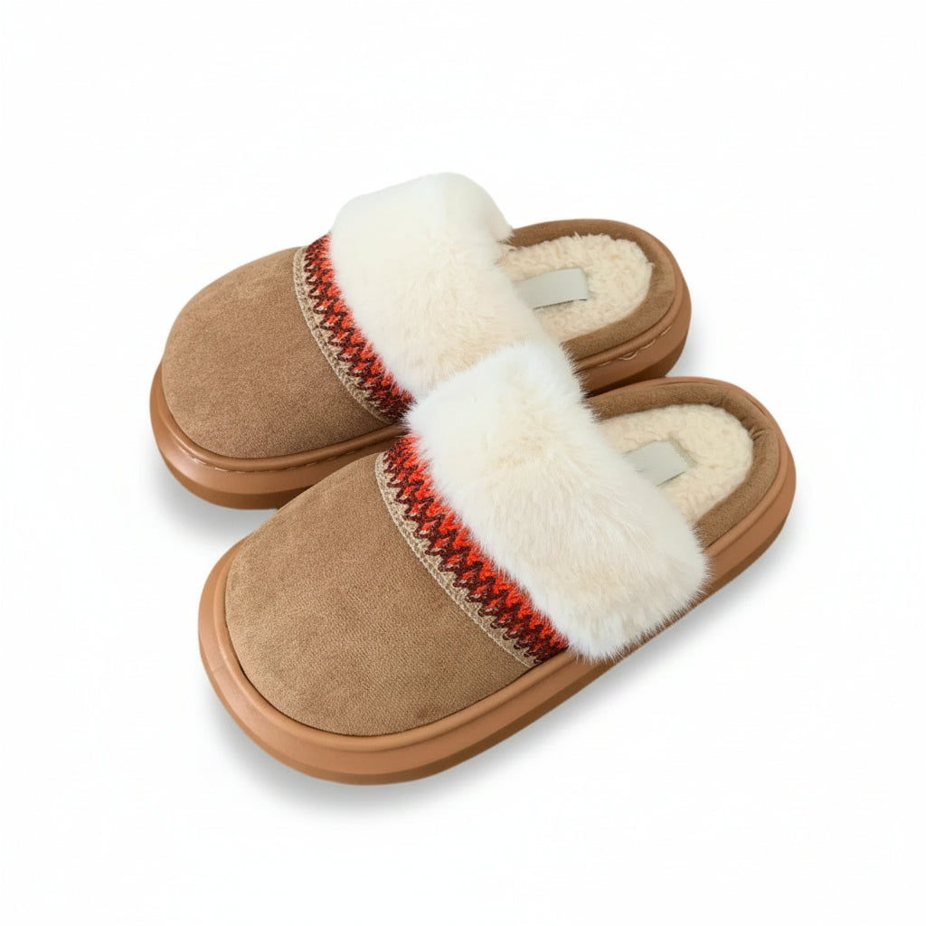Woven Trim Fuzzy Band Slippers