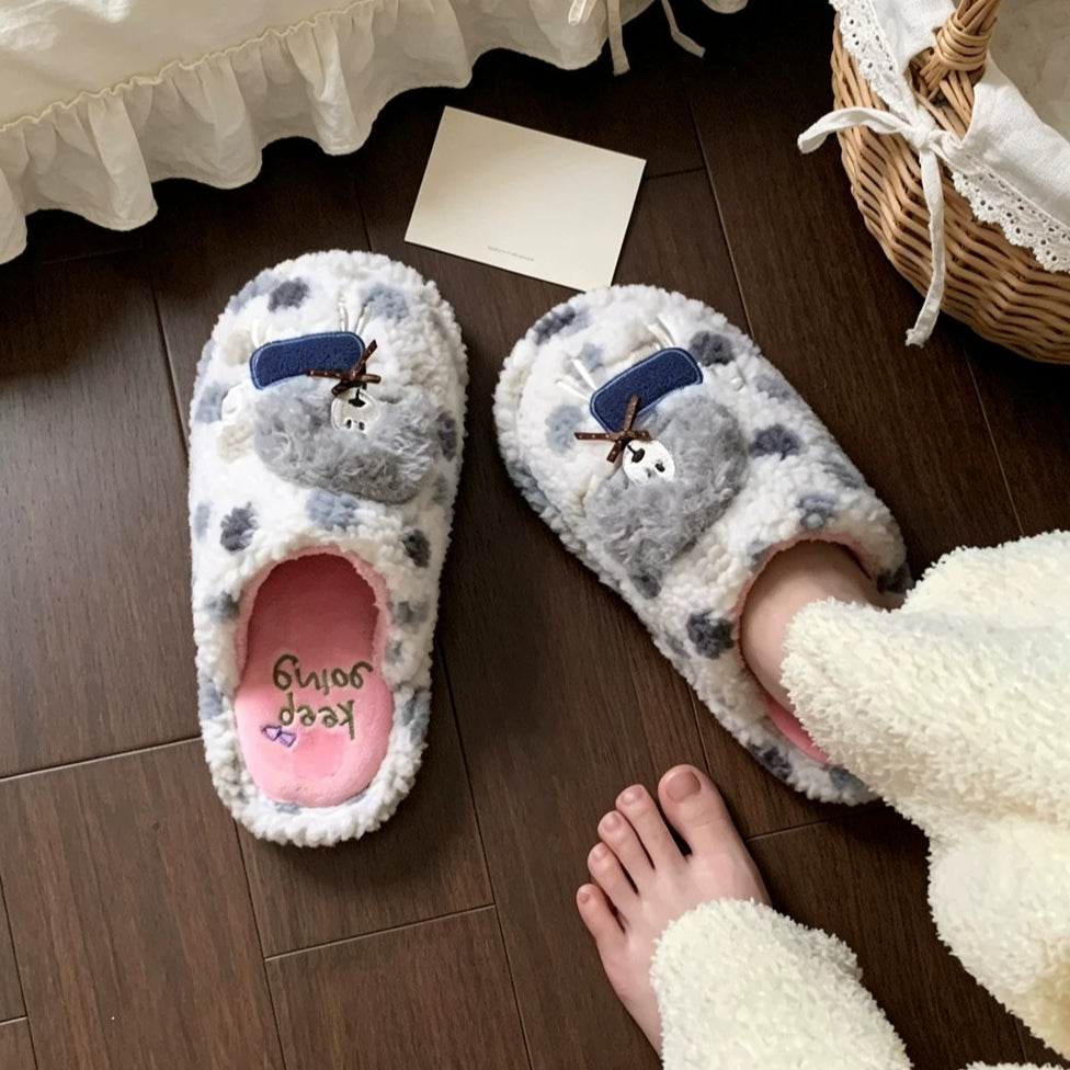 Plush Lamb Polka Dot Slippers
