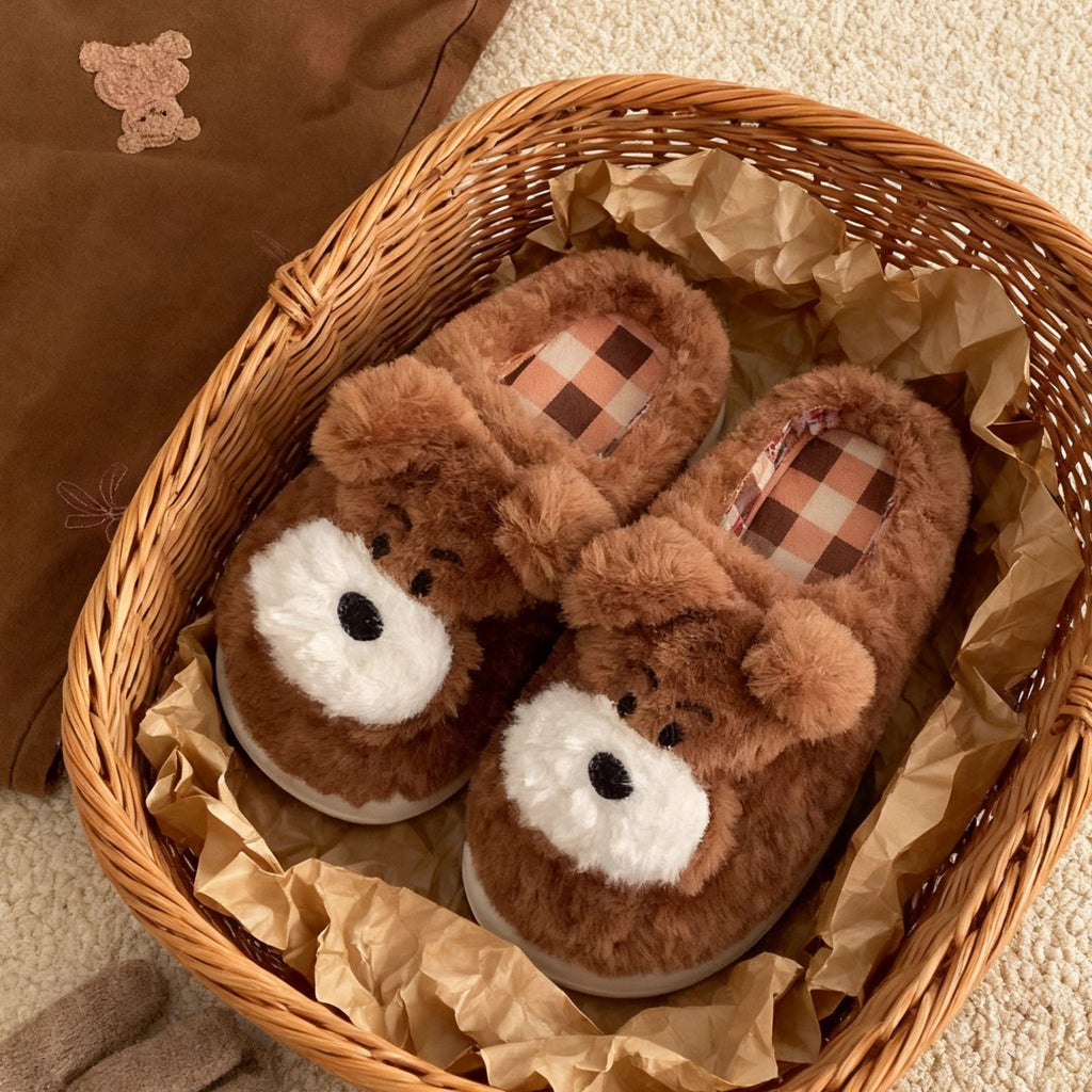 Patch Nose Fuzzy Puppy Face Plush Slippers