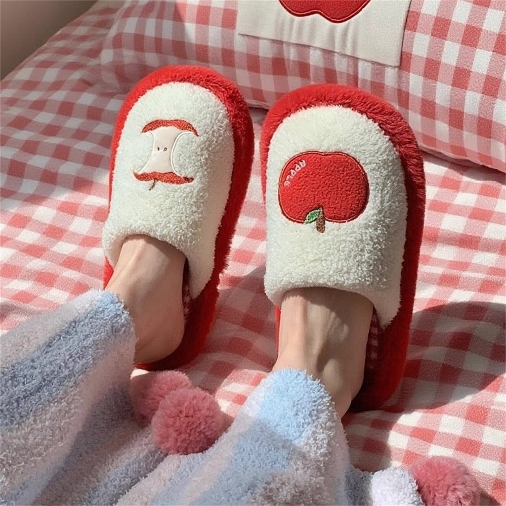 Apple Patch Fuzzy House Slippers